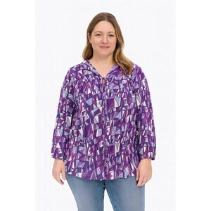 Vicki Wayne Womens Button Up Top Purple White 3/4 Sleeve Geometric Print Stretch